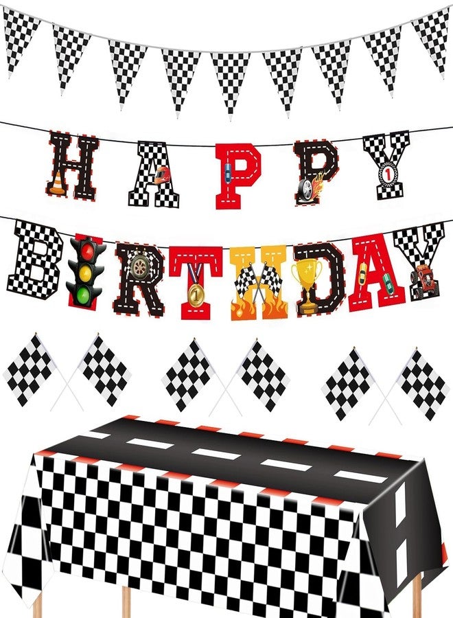 YANMIN Race Cars Birthday Party Decorations - Race Car Happy Birthday Banner, 54 x 108 Inch Racing Tablecloths, Checkered Flags for Cars Themed Party - Image 1
